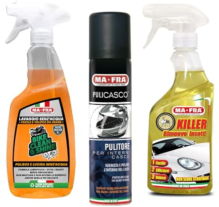 Ma-Fra Kit Casco e Due Ruote, Pulicasco 75 ml + Killer Insetti 500 ml + Bike Clean And Shine 750 ml, Igienizza Interno Casco, Rimuove Insetti, Lavaggio Waterless Rapido e Sicuro
