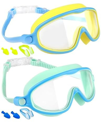2 occhialini da nuoto per bambini, ampia vista, a prova di perdite, con clip per il naso, tappi per le orecchie, per ragazzi, ragazze, adolescenti, occhialini da nuoto con clip per naso