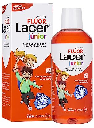 LACER Flúor 500 ml, Colutorio Diario, Sabor Fresa, para Niños, Previene Alteraciones Bucales, Aplicación Tópica, Reduce la Prevalencia de Caries