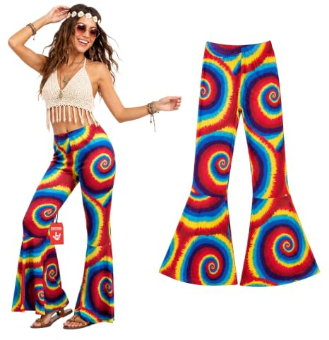 Fun Shack Tenue Hippie Femme, Costume Hippie Halloween Femme | Pantalon Pattes d'Éléphant Multicolore, Motif Rétro Coloré, À Enfiler, Parfait pour Halloween, Idéal pour se Déguiser