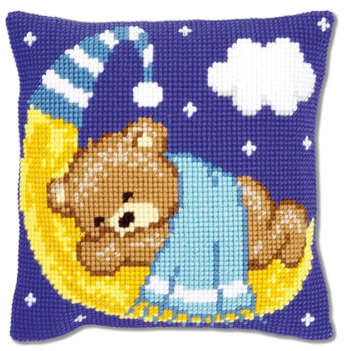 VERVACO Kreuzstich Stickpackungen Kissen Stickerei Set Anfänger Vorgedruckt Teddy auf Mond - blau DIY Set Kreativ Set Für Erwachseneca. 40 x 40 cm Bastelset Handwerker Haus Dekoration