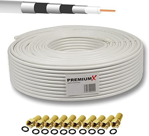 25m 135dB PremiumX Basic Pro Coaxial Sat Cable Câble coaxial blindé à 5 Voies Câble d'antenne pour 4K Ultra HD | DVB-S / S2 | DVB-C | DVB-T | Systèmes BK + 10x F-Plug 8,0 mm