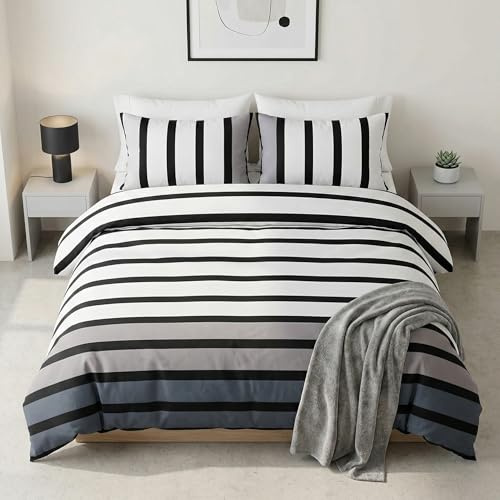 Soho Black Stripe Duvet Cover Quilt Bedding Set, 3pieces, Black White Grey, Double Size by Rapport