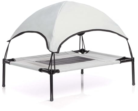 Wiltec Hundsäng på ben med soltak hundbädd campingsäng hund solstol tältsäng lyxbädd viloplats hund katt M 76 x 60 x 16 cm grå upp till 25 kg