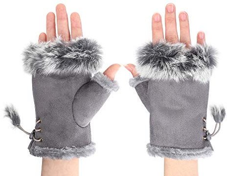 IBLUELOVER Handschuhe Fingerlos Damen Fausthandschuh Simuliertes Pelz Winterhandschuhe Suedette Einfarig Fäustlinge Handgelenk Handwärmer Touchscreen Smartphone Gloves Halbe Fingerhandschuhe