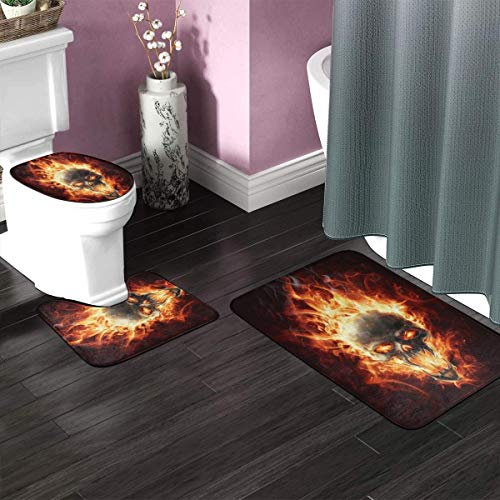 RedBeans Anti-Rutsch-Badteppich-Set, 3-teilig, Flanell-Badezimmerteppich, Feuerschädel, flammende Totenköpfe, weicher WC-Vorleger