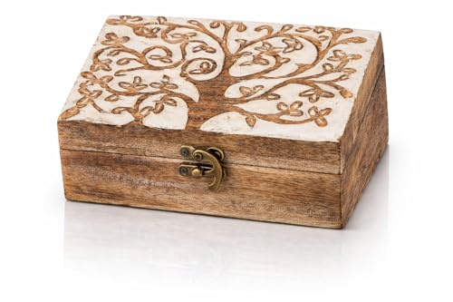 Grande regalo di compleanno fatto a mano portagioie decorativo in legno albero della vita intagliando & Lock & Key Jewellery Organizer scatola dei ricordi del tesoro portagioie scatola 20 x 12 cm