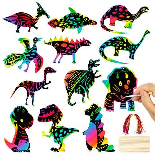 48 Stück Dinosaurier Kratzbilder Set Regenbogen Dinosaurier Kratzpapier mit Holzstäbchen und Bunt Bänder Bastelset Kratzbild für DIY Handwerk Anhänger Party Mitgbsel Jungen Mädchen usw.
