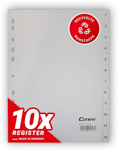 Conipa® - 10er Set 1-12 Register für Ordner DIN A4 (MADE IN GERMANY) - Ordner-Registerblätter & Trennblätter mit Zahlen (nummeriert) Kunststoff (PP) - Trennregister Akten, Ringbücher & Hefter (Grau)