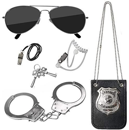 Hifot 5 piezas Accesorios Disfraz Policia, Placa de policía y esposas de juguete Gafas de Sol Policía Juguete Kit para Niños Halloween Fiesta Carnaval Juego de Roles Accesorios