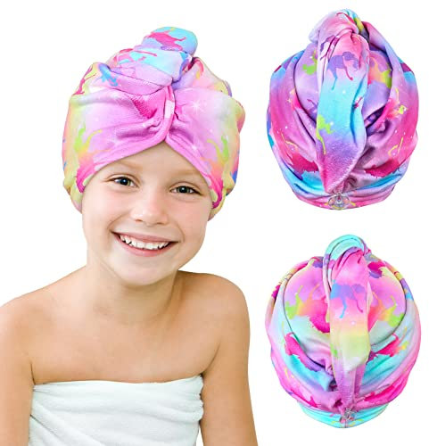 Beinou Mikrofaser Handtuch Haare, 2 Stück Turban Handtuch mit Knopf Haarturban Schnelltrocknend Towel Lange Haare für Frauen Kinder
