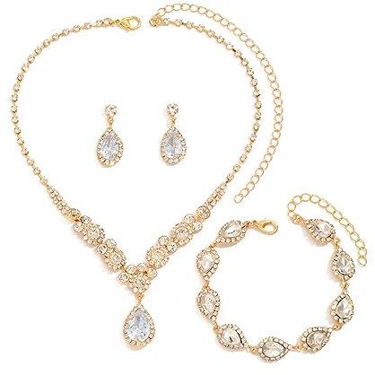 FDEETY Schmuckset Damen Brautschmuck Schmuck Hochzeit Set Hochzeitsschmuck Braut Strass Kristall Halskette Armband Anhänger Ohrring Set Kostüm Schmuck Set Braut Hochzeit Party (Gold)