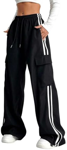 Verdusa Women's Cargo Pants Baggy Straight Wide Leg Track Pants Striped Joggers with Pockets Athletic Streetwear Black Medium