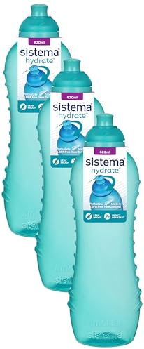 Sistema Twist 'n' Sip Squeeze Sports Water Bottle, Leakproof Water Bottle, BPA-Free, Assorted Colours, 620 ml (Pack of 3)