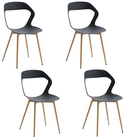 JZGORC Lot de 4 Chaises de Salle à Manger Nordiques, Chaises de Cuisine, avec Pieds de Chaise en Métal, Grand Design de Dossier évidé, idéal pour Salon, Salle de Détente -Noir + Bois