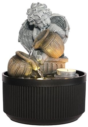 LEOM Indoor Tabletop Fountain With LED Light, Cupid Angel Statue With Waterfall Feature, Zen Fountain Indoor for Meditation Relaxation, Water Fountain for Home & Office Decoration, 9.5 Tall