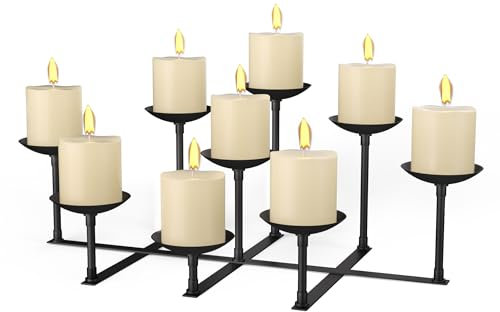 Tuohours Fireplace Candle Holder with 9 Wax Pillar Plates, Candelabra Floor Mantle Iron Candles Stand for Inside Fire Place Decor Table Centrepiece Wedding Party Advent Decoration, Black