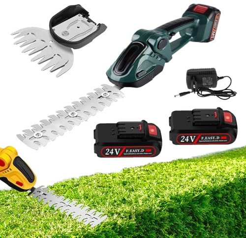 Heckenschere Akku, 24V Gartenschere, Mit 2 x 2000mAh Batterien und Ladegerät, 2 In 1 Schnurlose Akku Grasschere mit 2 Messern, 20000 RPM, Tragbare Gras & Strauchschere, für Garten Rasen (Grün)