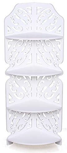 Tyvotrend Libreria angolare a 4 ripiani, con intagliato e design cavo, multifunzionale per piante, supporto angolare per soggiorno, cucina