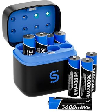 Lot de 8 piles AA rechargeables au lithium avec chargeur de piles au lithium et NiMH - Boîte de rangement de 3600 mWh - Batterie Li-ion AA longue durée