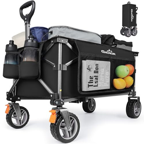 GXCROR Folding Trolley Cart - 140L Heavy Duty Collapsible Wagon with Removable 14.5cm diameter & 6cm Wide Wheels for Camping, Beach, Gardening, 130kg Capacity