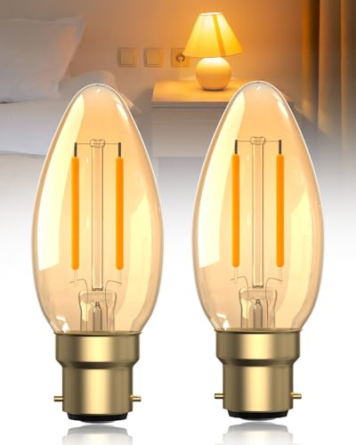 Klarlight B22 LED Bayonet Light Bulb Warm White 2200K,Large Bayonet Candle Bulbs,C35 Vintage Low Watt Energy Saving Bulb for Night Light,2,5 Watt(20W Equivalent),Amber Glass,Non-Dimmable,2-Pack