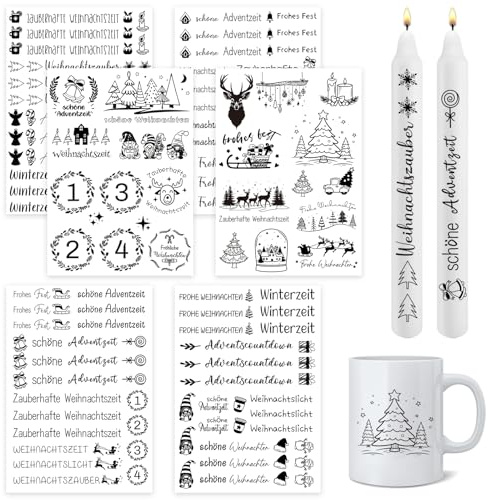 6 Stück Kerzentattoos Weihnachten - Rub on Sticker Weihnachten für Weihnachtskerzen & Keramik - Wasserschiebefolie zum Selbergestalte