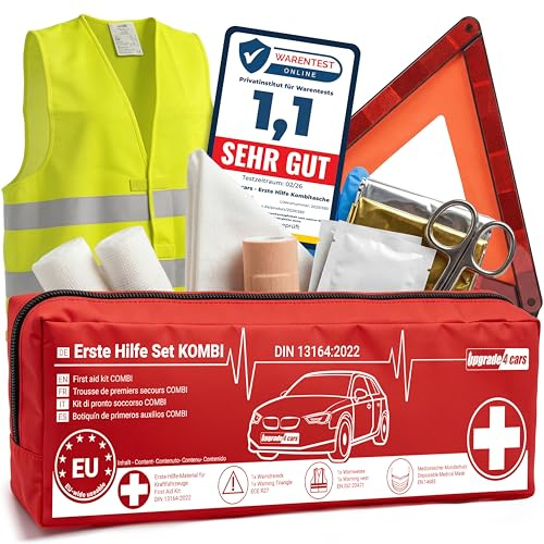 Upgrade4cars Kit di Primo Soccorso Auto 2026 con Triangolo di Emergenza e Giubbotto secondo Norma Attuale DIN 13164 Valido in Tutta Europa Borsa Combinata Auto Emergenza Accessori