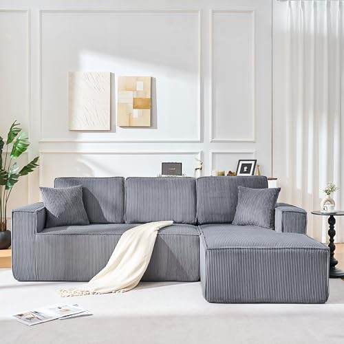 Wiuzo Sofá de pana comprimido en forma de L para 2 personas + chaise longue esquina, sofá modular esquinero con acolchado suave de espuma de alta densidad (gris + chaise longue derecho)