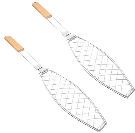 GALPADA Parrilla para Asar Pescado Barbacoa 2 Piezas Cesta Desmontable de Acero Inoxidable Mango Resistente para Uso en Barbacoas y Exteriores