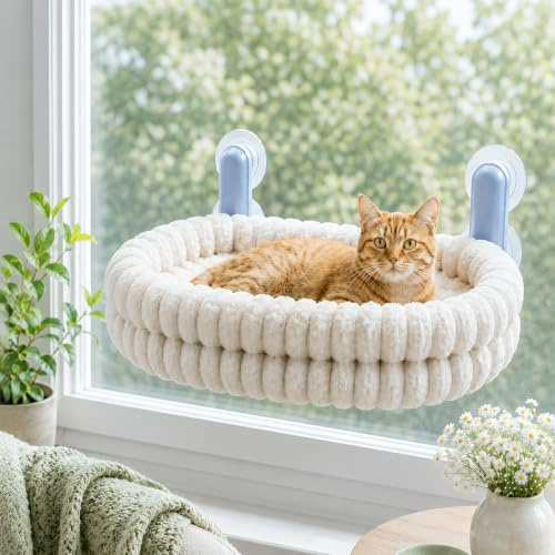 Cama Gatos Ventana, Plegable Hamaca para Gatos Ventana, Cama Gato Ventanas, con Acero & Potente Ventosas Cojín Suave Desmontable Reversible, Altura Regulable, Hasta 18kg, para Interior Casa 70x45cm