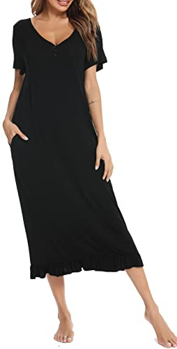 Vlazom Women's Long Nightgown V Neck Sleep Shirt Nightdress Jersey Nightshirt for Loungwear Sleepwear, A-Black, L