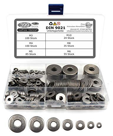 399 teiliges Set aus Unterlegscheiben nach DIN 9021 / ISO 7093 Standard rostfreier Edelstahl A2 V2A Beilagscheiben M3-M10 (399 Teile)