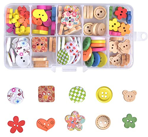 Knöpfe Kinder, 100 Stück Knöpfe Holz Bunte Basteln mit 2 und 4 Löcher, Verschiedene Größen, Puppenknöpfe Retro Harz Bastelknöpfe mit Kunststoff Box für Nähen DIY Geschenk Deko