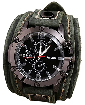 Punk vintage armbandsur brett PU-läder bälte rem manschett romerska siffror grön