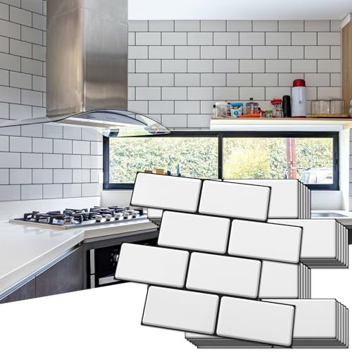 Art3d Peel and Stick Backsplash, Stick on Subway Tiles, Faux Ceramic Tiles for Kitchen, Bathroom, White (10 Tiles, Thicker Design)