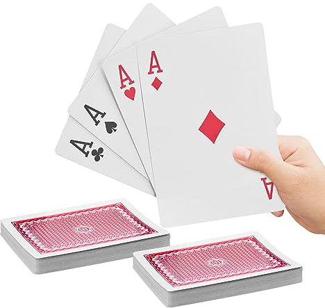 Relaxdays Jumbo Spielkarten, 2 Kartendecks à 54 Karten, wasserfester Kunststoff, 18 x 13 cm, Riesenspielkarten, bunt