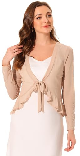 Allegra K Mujer Bolero de Malla con Volantes Cárdigan Bolero Informal de Manga Larga con Lazo Caqui L