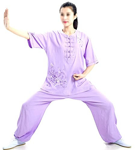 RWRAPS Woman Embroidered Taichi Uniform Kids Girls Kung Fu Suit Flower Short Sleeves Cotton Linen Martial Arts Uniform Wing Chun Taichi Clothing Set (Purple L)