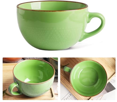 Stor kaffekopp XXL kopp keramik 700 ml soppkoppar med handtag, frukostskål, müsli, soppa, gröt, sallad, extra stor keramikkopp (700 ml grön)