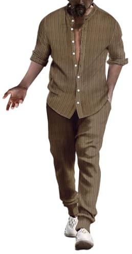 pvucpot Tuta da uomo in lino a righe estate vestito cotone camicia di lino tuta casual due pezzi camicie a maniche lunghe e pantaloni cotone lino vestito da spiaggia tuta yoga pigiama