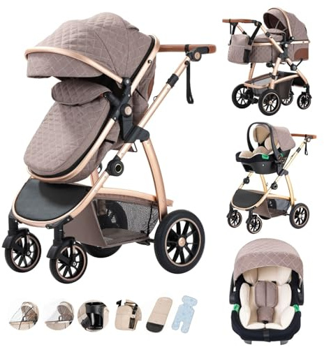 Kakbgee Passeggino Combinato 3-in-1 Urbano Con Seggiolino Auto ECE R129, Regolabile in Altezza, Telaio in Alluminio Morbido Convertibile, per Neonati 0-4 Anni