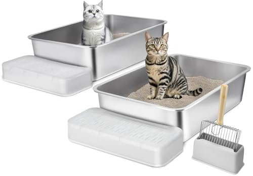 VEVOR Katzenklo 2er-Set, 600 x 400 x 150 mm, XL extragroße Katzentoilette aus Edelstahl mit Schaufel, breitem Filter-Fußteil & hohem Rand, geruchsfreie, geruchsfreie Schalentoilette für große Katzen