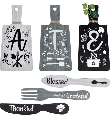 PH PandaHall 6pcs Kitchen Wall Decor Eat Sign Set Black and White Accessories Wooden Pendant Decorations Mini Wood Plaque fork And Spoon Shape Sign Rustic Style Home Dector 11x5.5/11.8x2