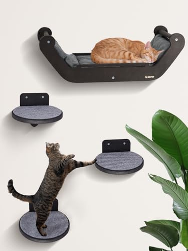 BSWAY Klättervägg kattsats med kattbädd och 3 trappsteg, kattmöbel av trä, katttrappa, kattväggselement, multifunktionell för sömn, lek och klättring (XL, Kattbädd)