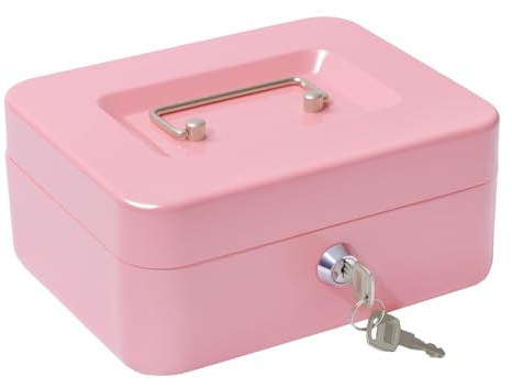 Petite caisse à monnaie verrouillable - 20 x 16 x 9 cm - Avec insert amovible - Avec 2 clés - Rose