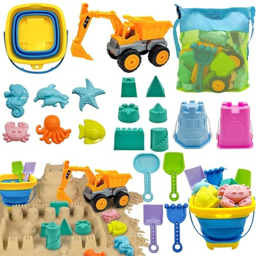 Pgtc Jouets de Plage pour Enfants 21 Pièces - Jeux de Sable pour Bébés 1-3 Ans - Set de Voyage pour 4-8 Ans avec Seau Pliable, Sac Filet, Pelle, Moules Animaux & Château - Kit de Construction