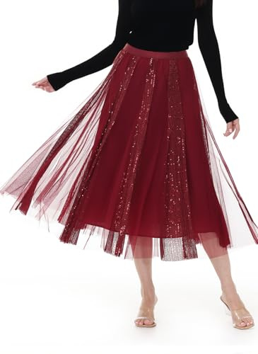 GroYolan Jupe Tulle Femme Mi-Longue Taille Haute, Coupe Évasée Ligne A - Jupe Midi Paillettes Scintillantes Tulle Doublé Ceinture Élastique Tutu Femme pour Soirée Mariage Cocktail Bal