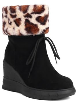 Botines Mujer Estampado Leopardo con Piel Sintética Punta Redonda Tacón Cuña Empeine Ante Resistente Cordones Suaves Calientes Antideslizantes Cómodas,Negro,35 EU