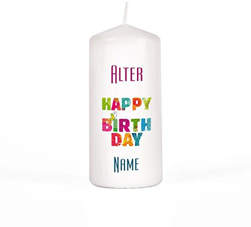 Herz & Heim® Geburtstagskerze Stumpenkerze mit Wunschnamen und Alter Gratis 150/67mm Brenndauer 45 h